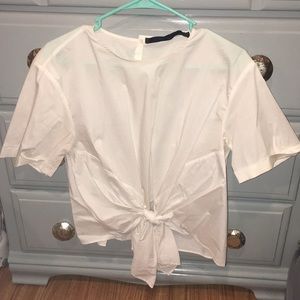 White Zara cropped blouse with tie and button back